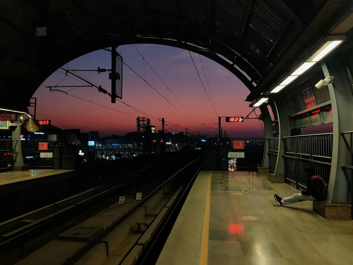The Gurugram Rapid Metro platform at dusk